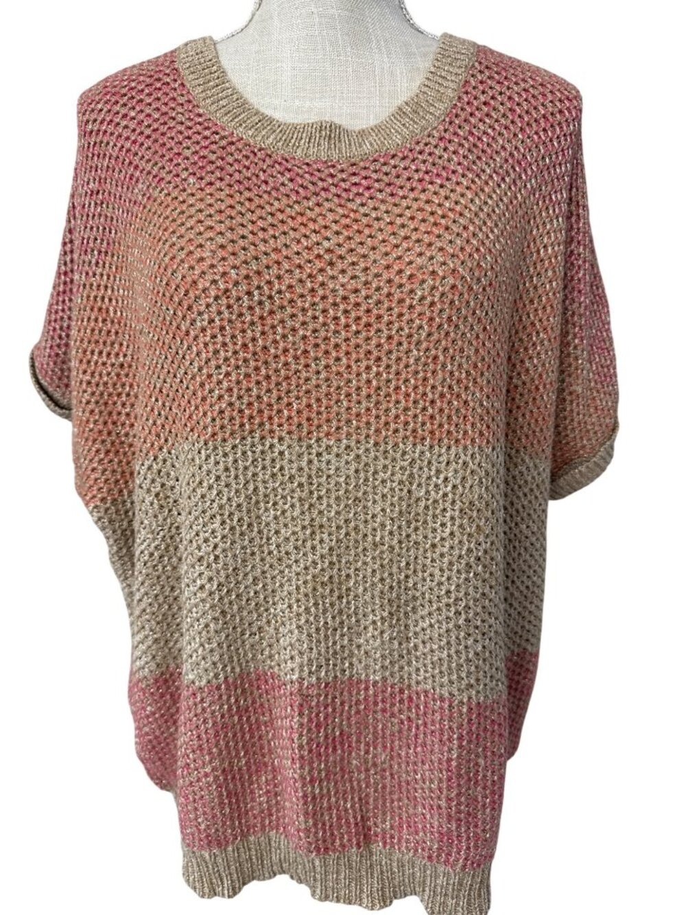 Chico's Ombre Mesh Knit Short Sleeve Sweater Casual Layering Top